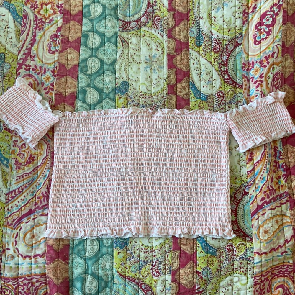 Off the shoulder pink and white crop top!